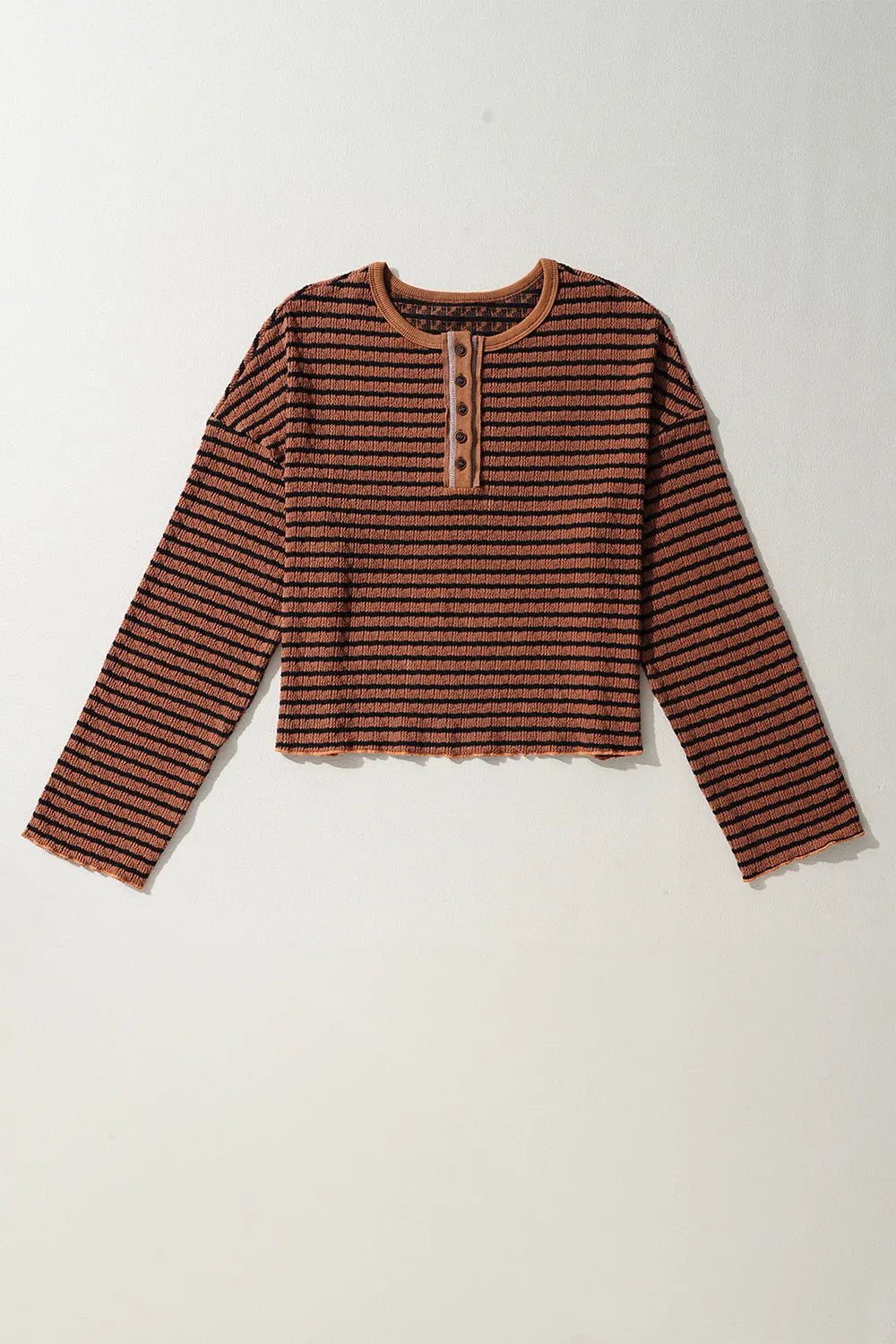 Caramel striped long-sleeve blouse with henley half-button placket, three-quarter length