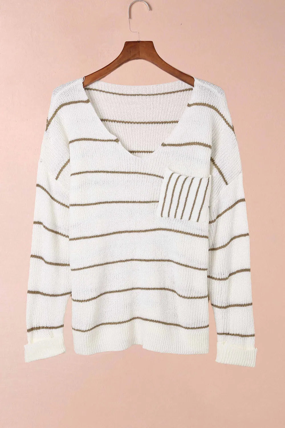 White striped V-neck sweater with long sleeves and front pocket panel