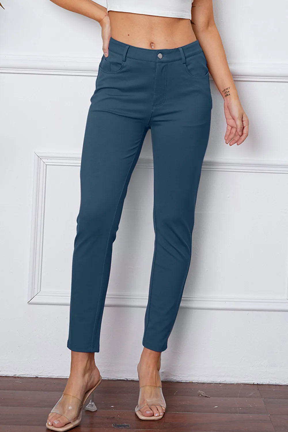 StretchyStitch pants, teal-blue, slim ankle with button closure and belt loops