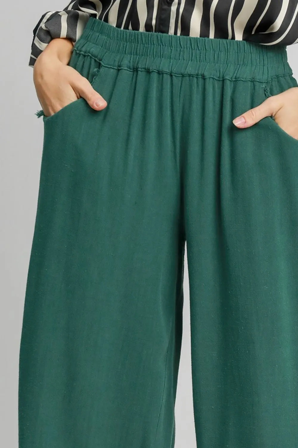 Plus-size wide-leg pants, dark green elastic waistband with gathered fabric