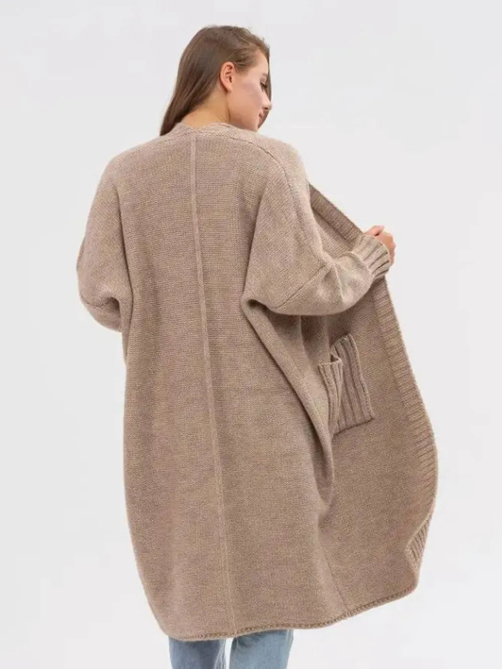 Khaki longline cardigan back view with oversized sleeves and patch pockets
