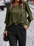 Olive green lantern-sleeve blouse with round neck and button placket
