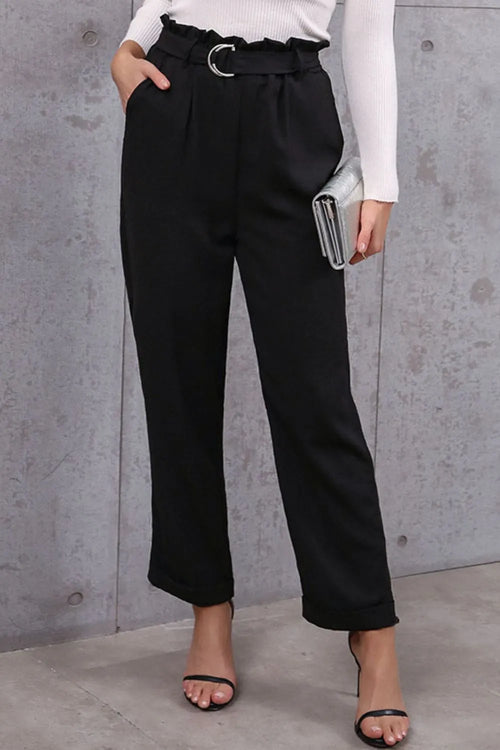 Black belted paperbag waist pants with front ring tie and wide cropped legs
