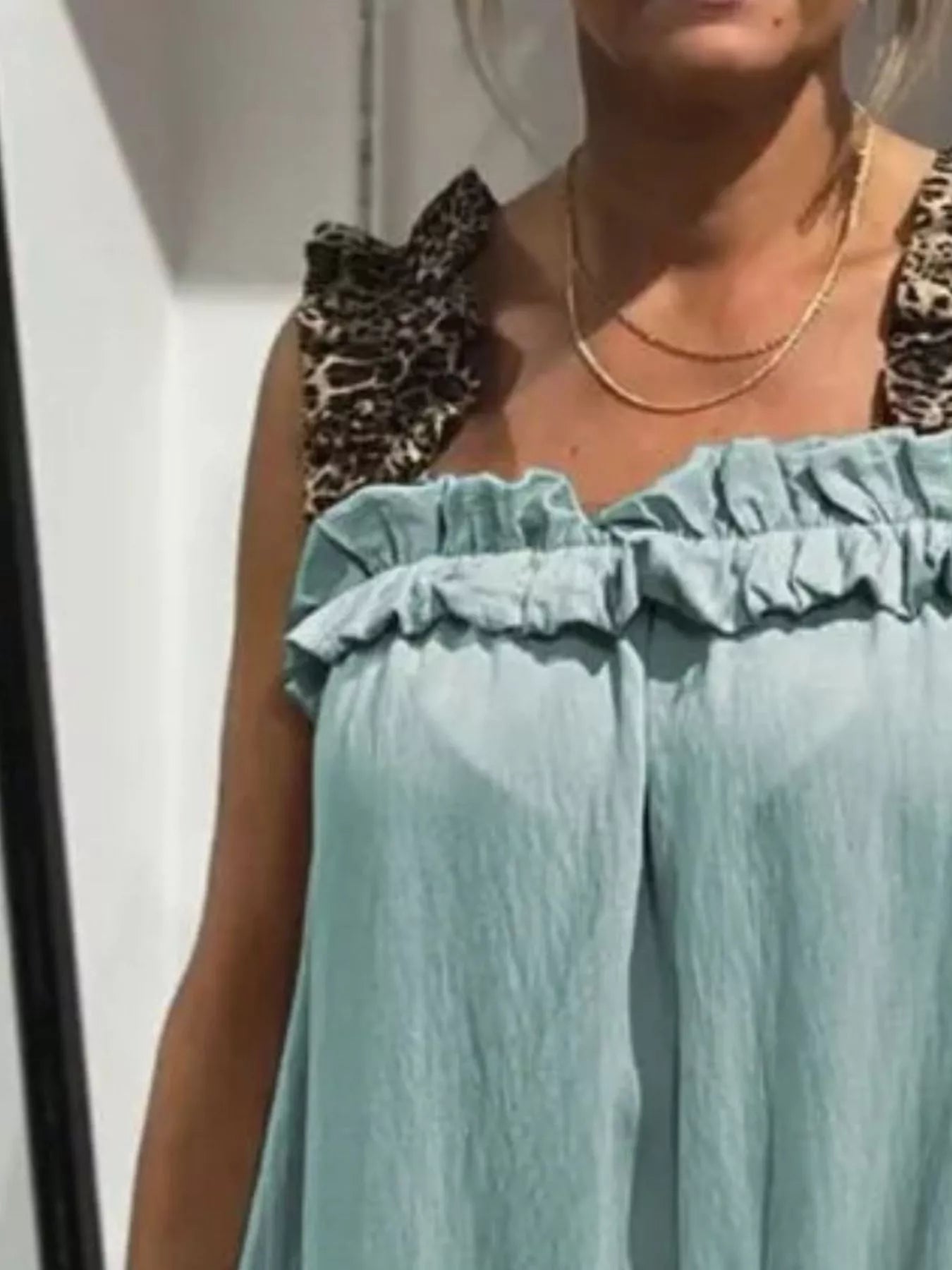 Full Size Ruffled Strap Flowy Maxi Dress Plus Size by Trendsi, light blue with leopard-print straps
