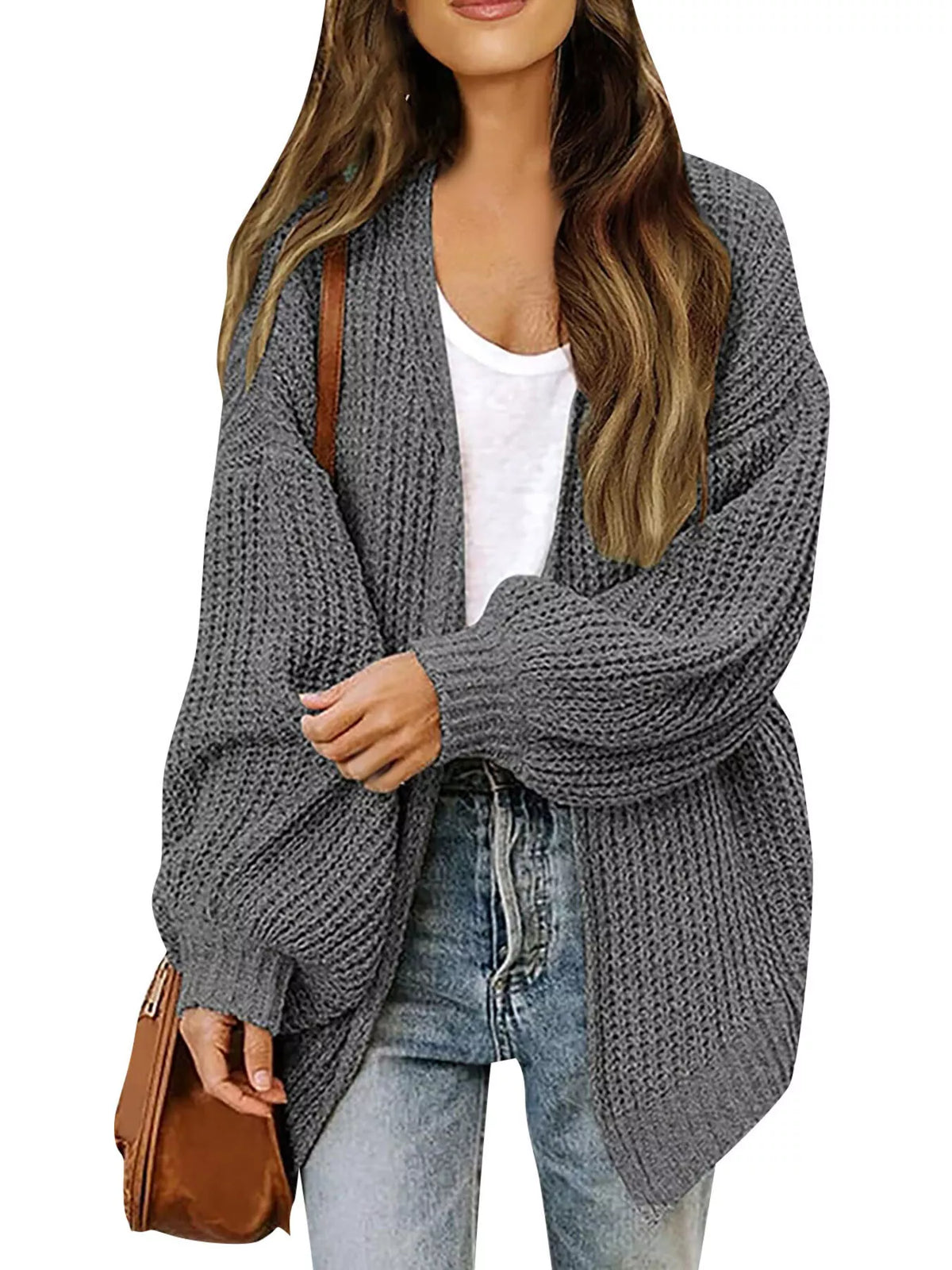 Dark gray waffle-knit open-front chunky cardigan with long sleeves and draped collar