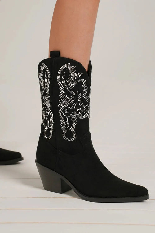 Black point-toe rhinestone detail ankle boots with block heel