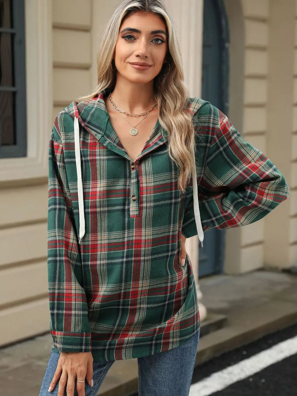 Green plaid hooded long-sleeve pullover with front buttons and kangaroo pocket