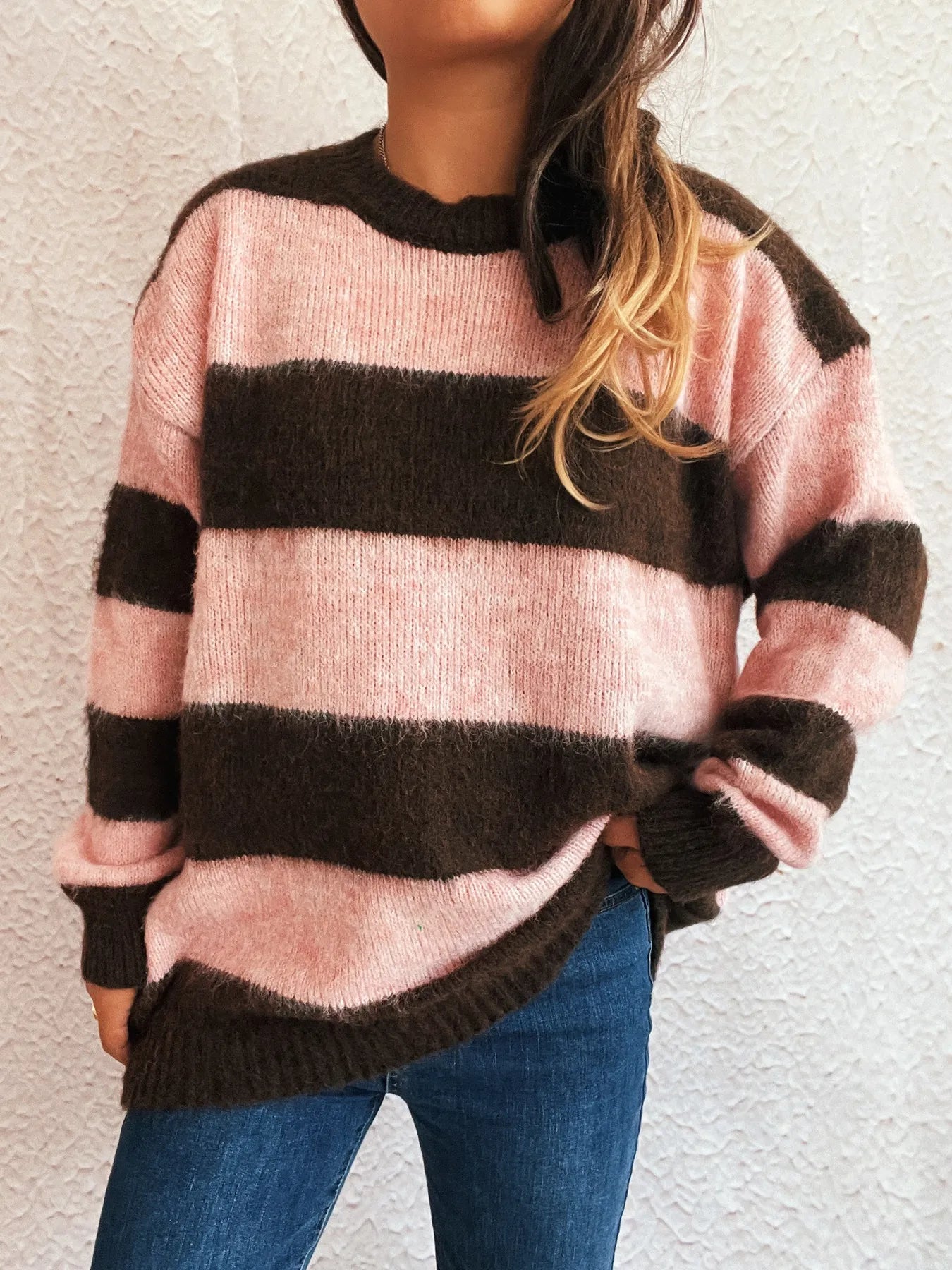 Striped long sleeve sweater, pink and dark brown stripe knit with ribbed hem