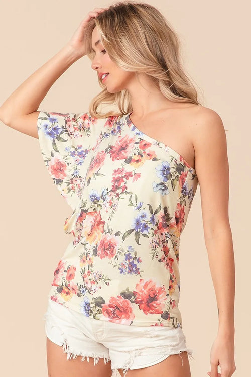 Floral jersey knit one-shoulder top with ruffle sleeve, light cream base and pink/blue prints