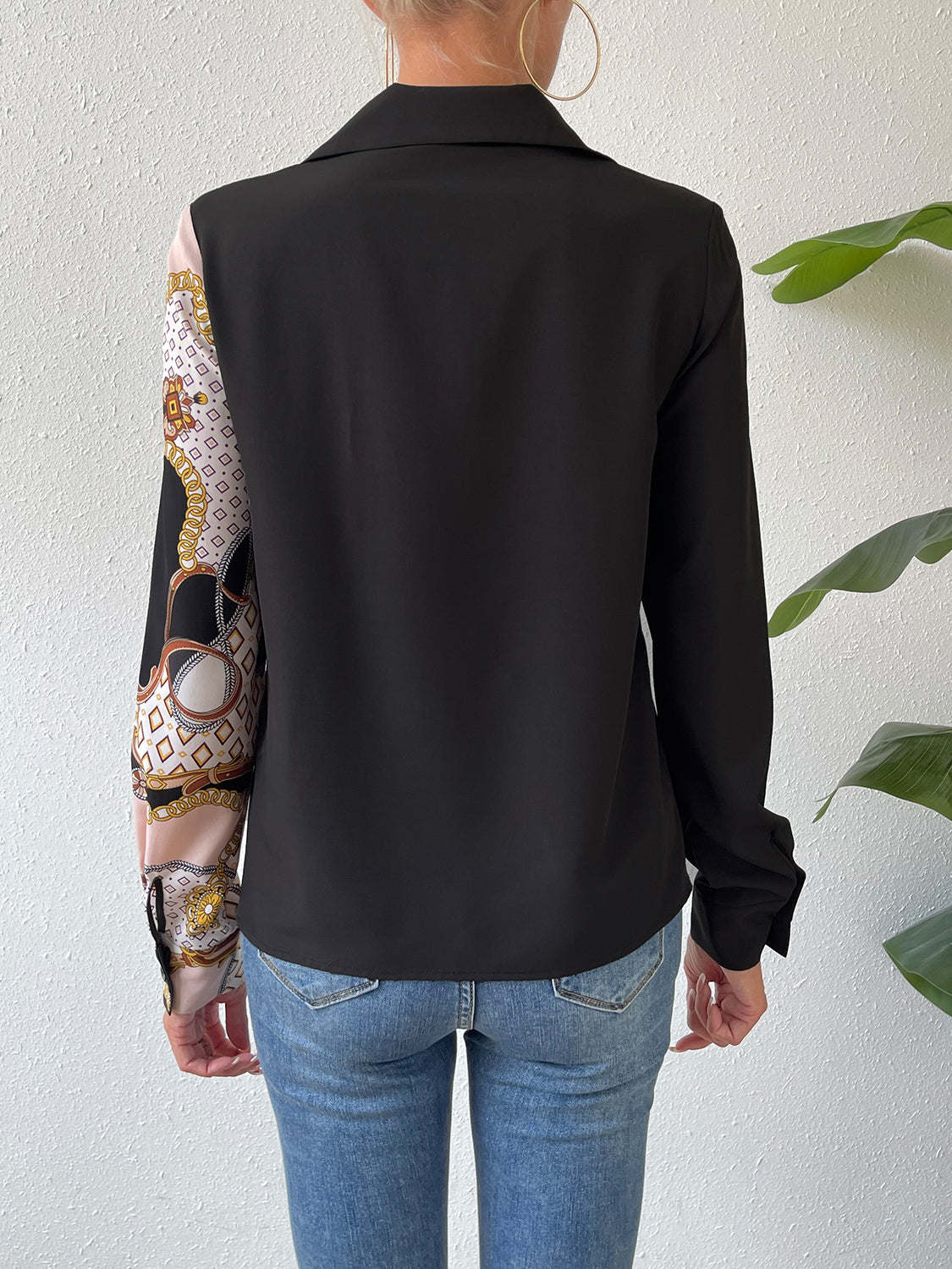 Black twist-front collared blouse, plain back with long sleeves