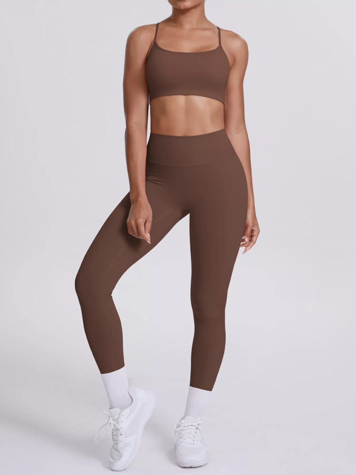 Brown seamless cami crop top and high-rise leggings set