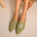 Matcha green suede pointed loafers with gold chain link buckle