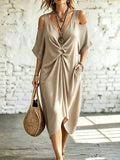 Apricot cold-shoulder twist midi dress, draped knot front, loose short sleeves