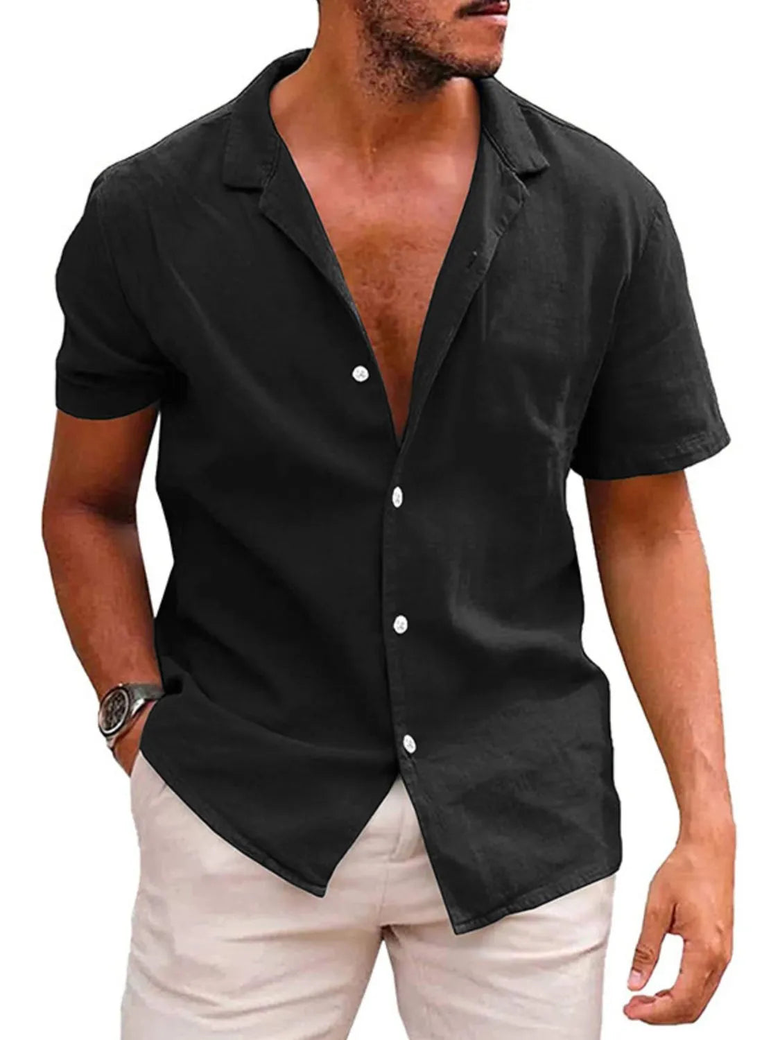 Men's black short-sleeve button-up shirt with open collar and front buttons