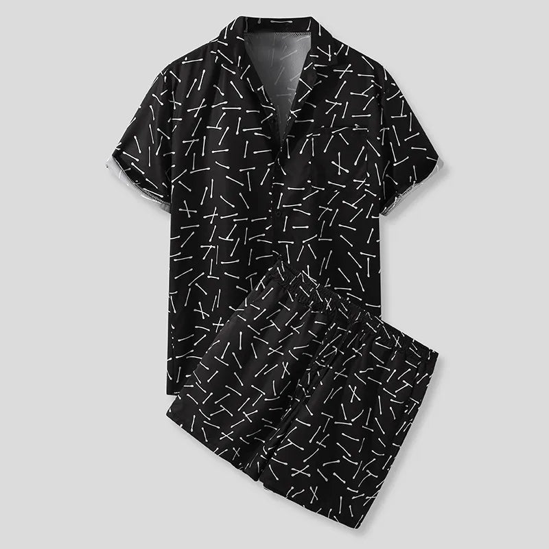 Men's short-sleeve button-up shirt and shorts set, black with white dash print