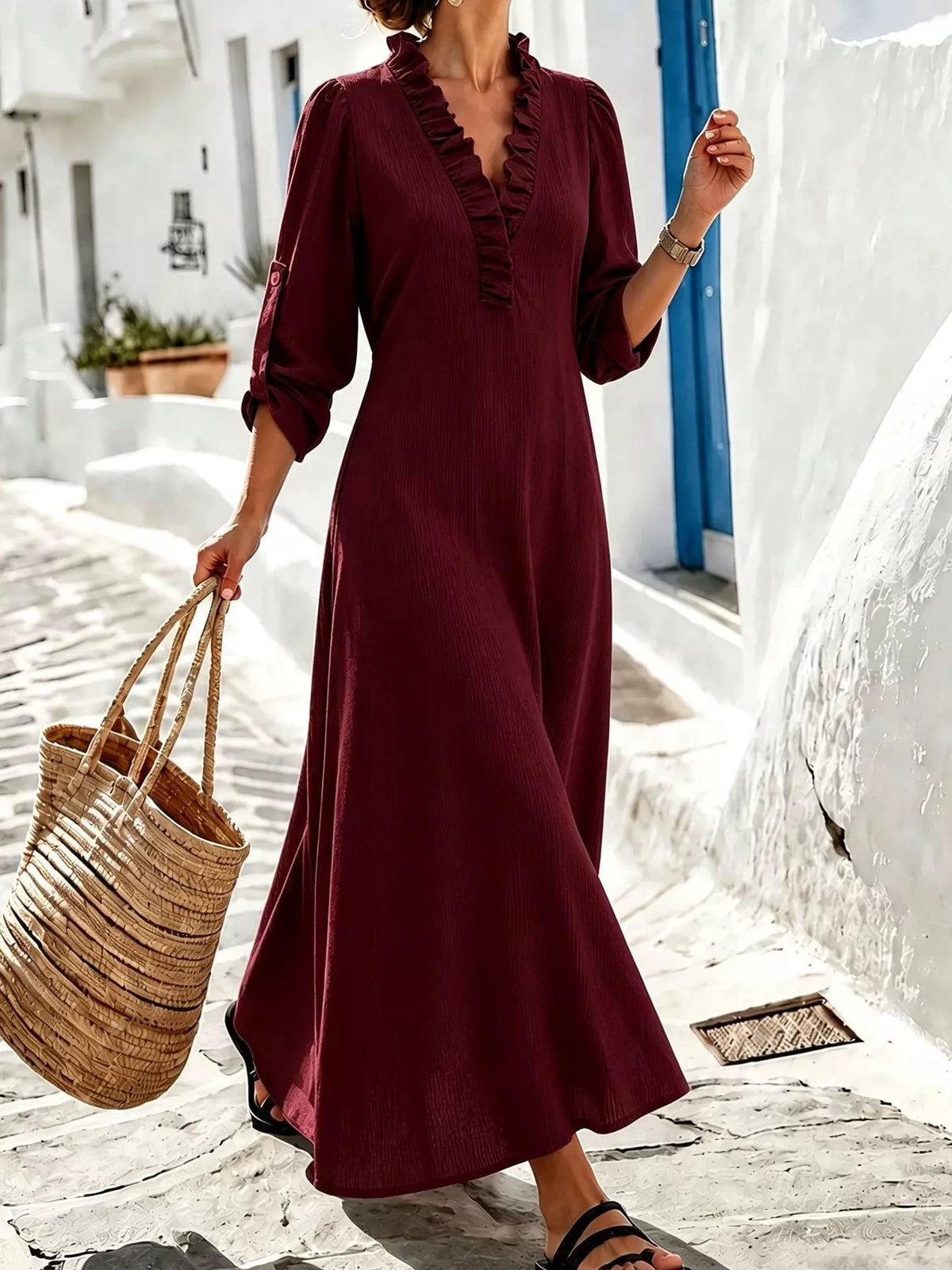 Wine-red ruffled V-neck maxi dress with roll-up sleeves and tied waist