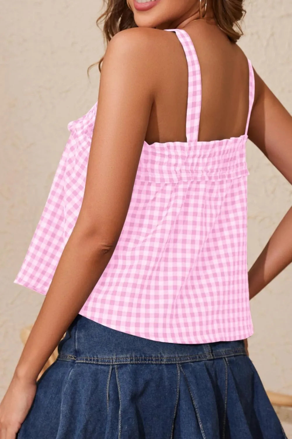 Pink gingham cami with square back and long shoulder straps