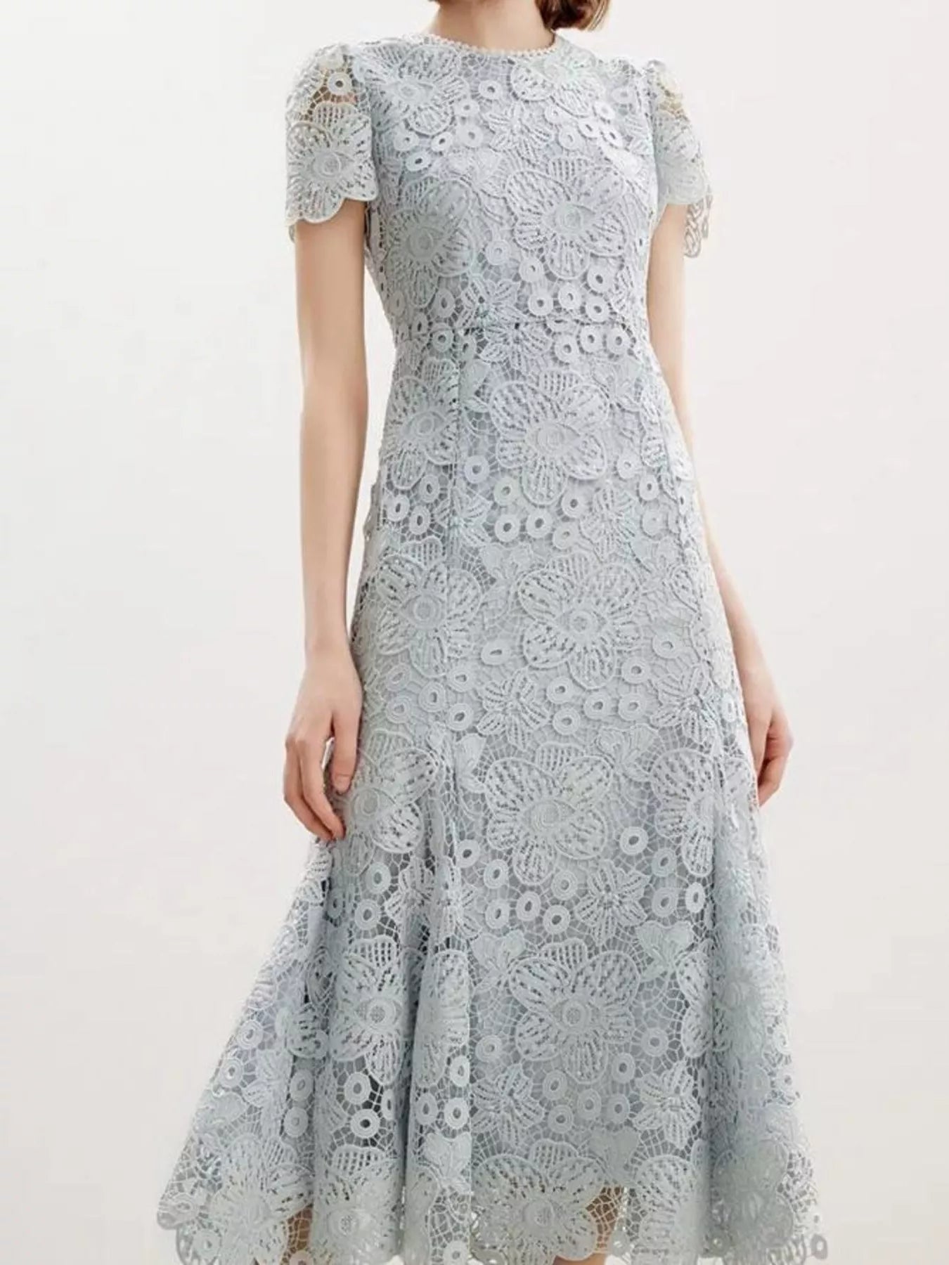 Cedar & Moore Lace Short Sleeve Mermaid Dress in pale blue floral lace with zipper closure