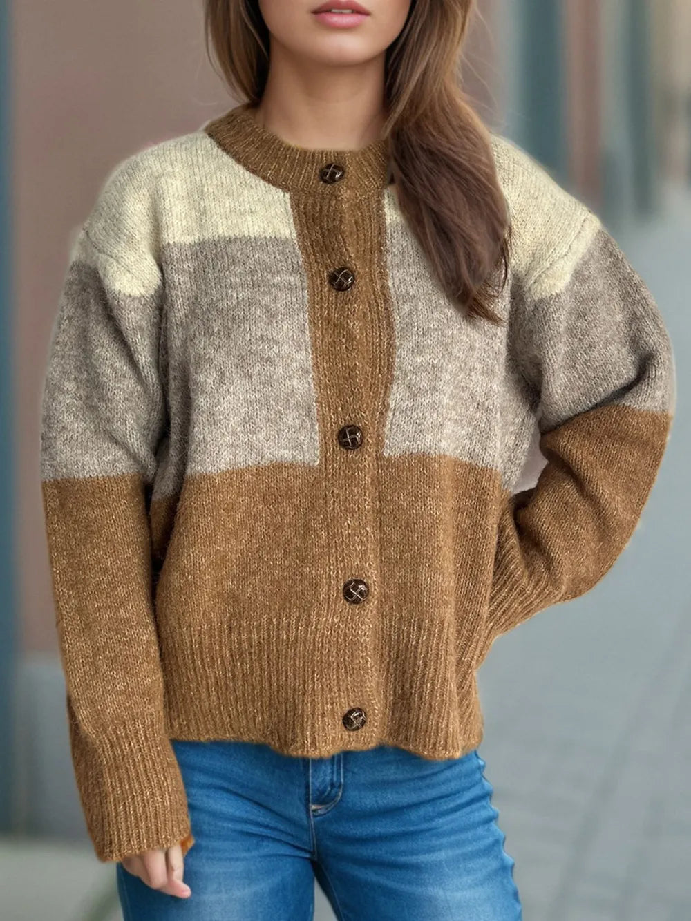 Color-block button-up cardigan in camel brown and cream, round neck, button front