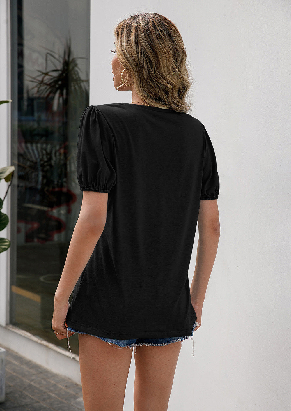 Cedar & Moore Ivy Lane V-Neck Decorative Buttons Puff Sleeve Tee in black, solid knit, back view.