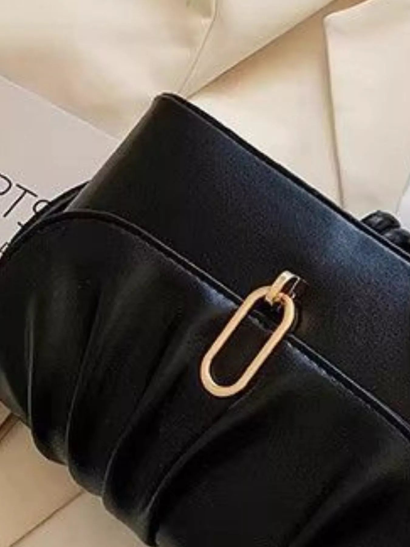 Ruched Detail Shoulder Bag, black PU leather, small with gold-tone hardware, Trendsi