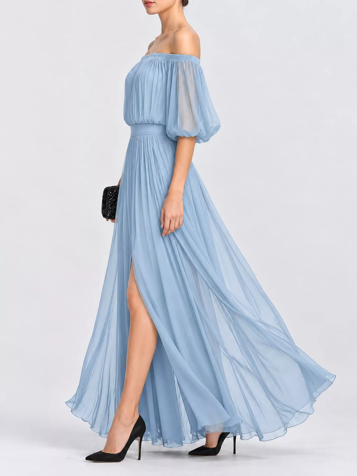 Sky blue off-shoulder ruched chiffon maxi dress with flowing tiered skirt and side slit
