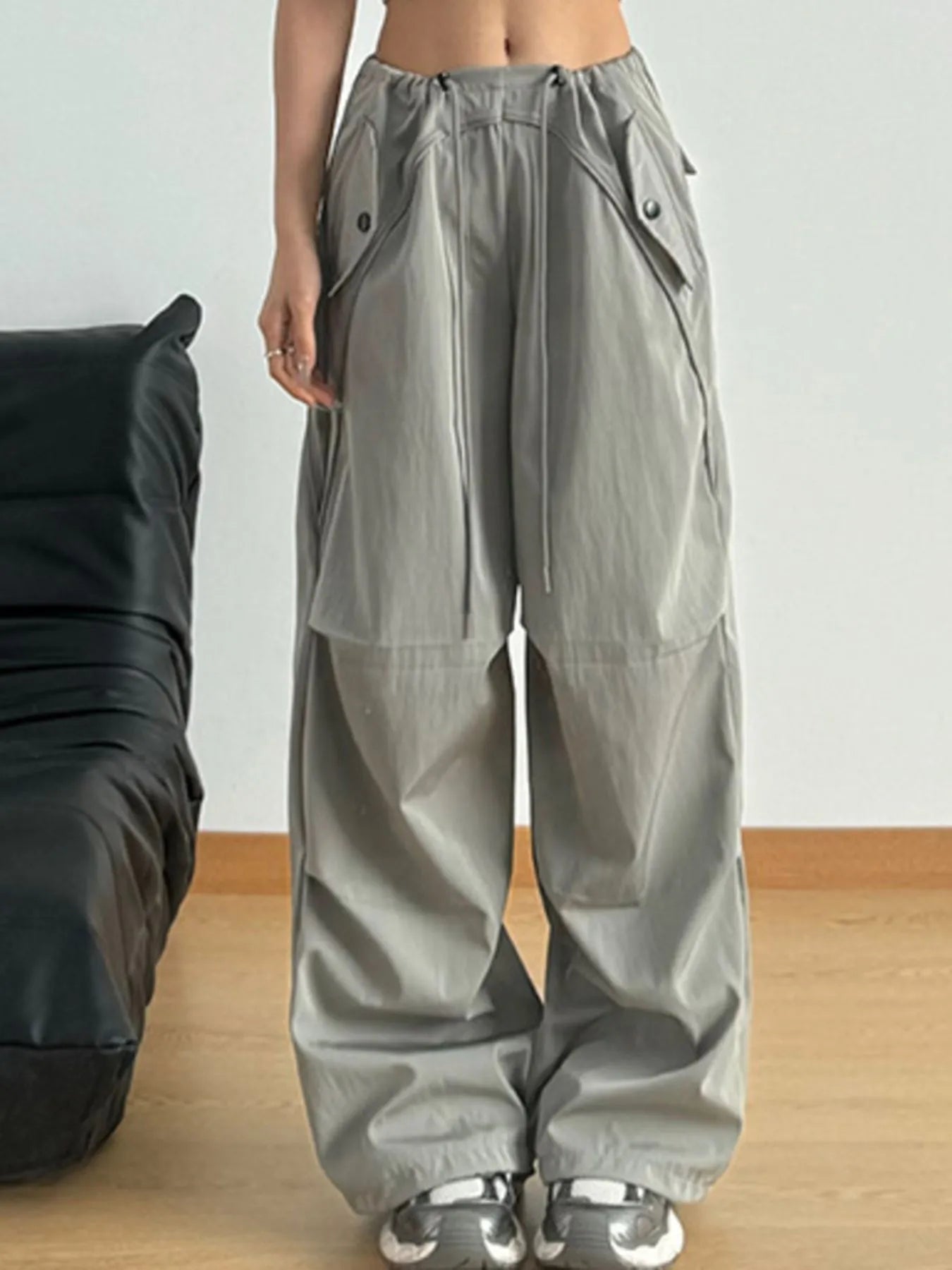 Sage wide-leg drawstring pants with elastic waist and oversized side pockets