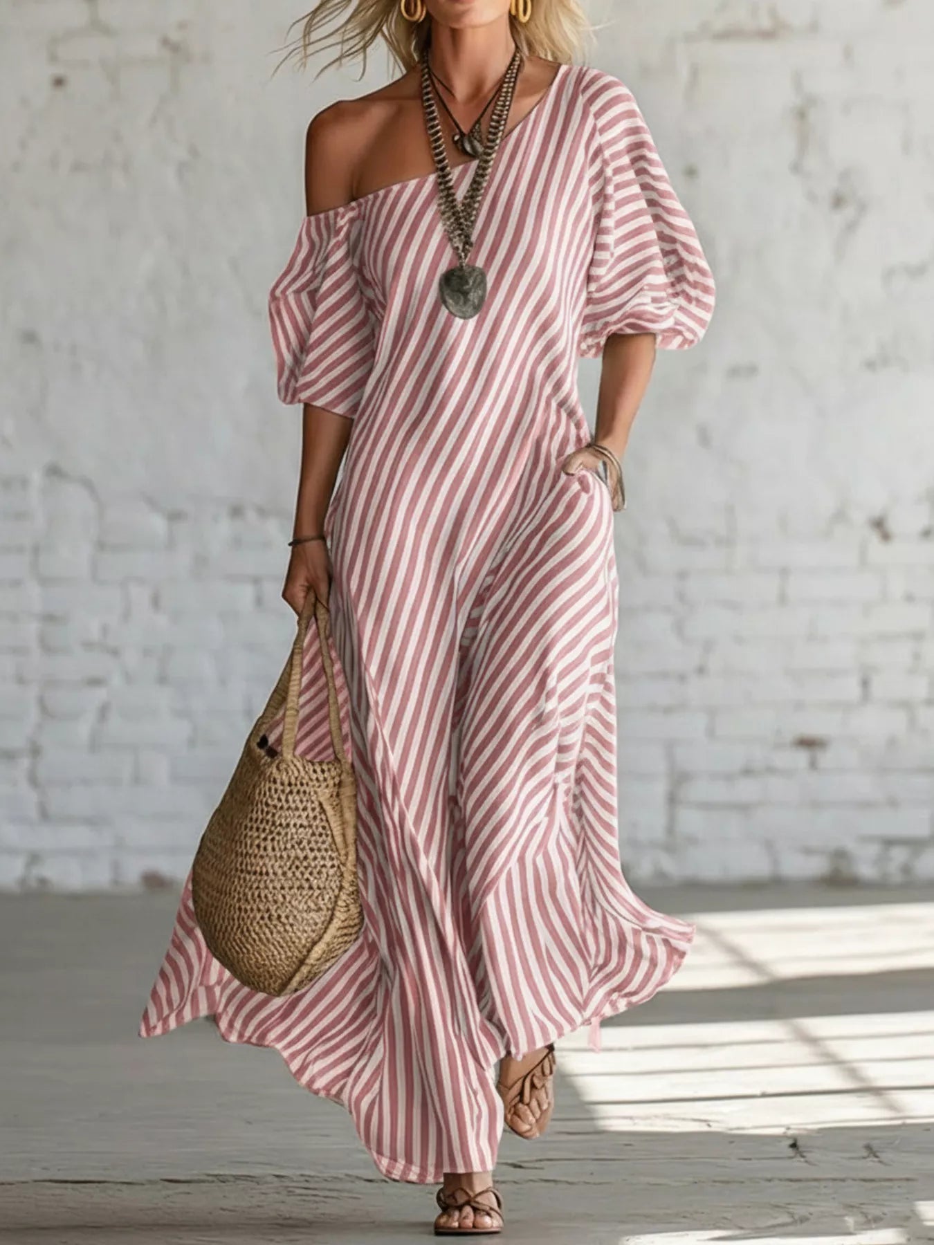 Cedar & Moore Striped one-shoulder maxi dress, pink/white, plus size