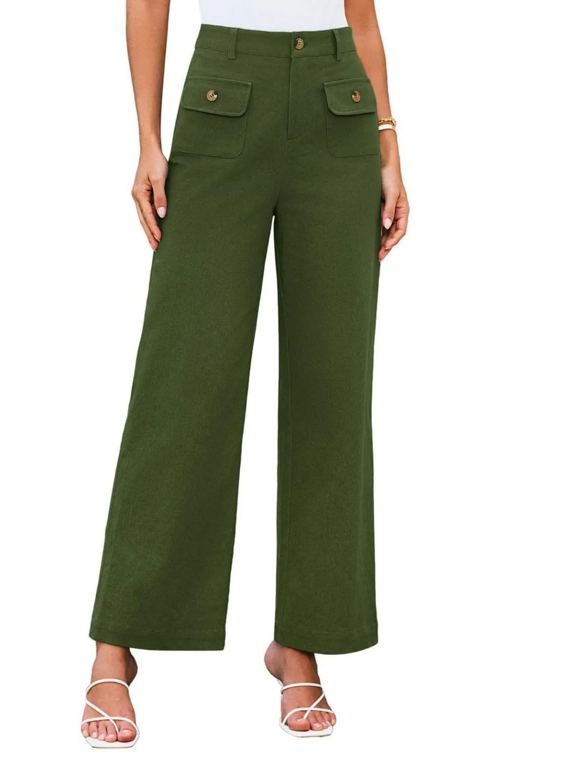 High-waist wide-leg pants, dark olive green; front flap pockets and gold button closure.