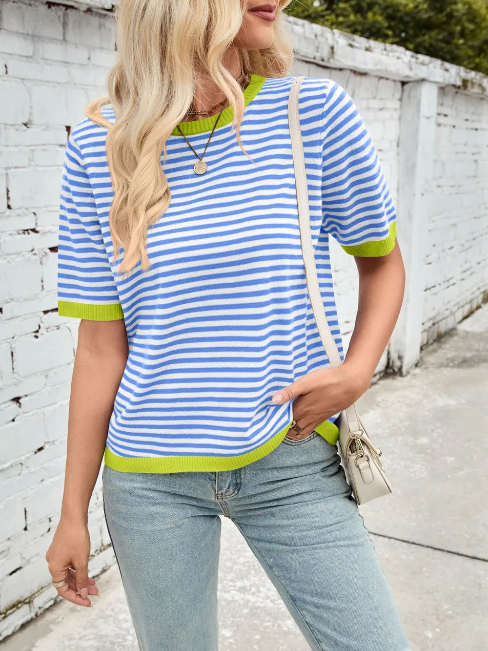 Striped knit top, blue and white with contrast lime green collar and sleeve cuffs