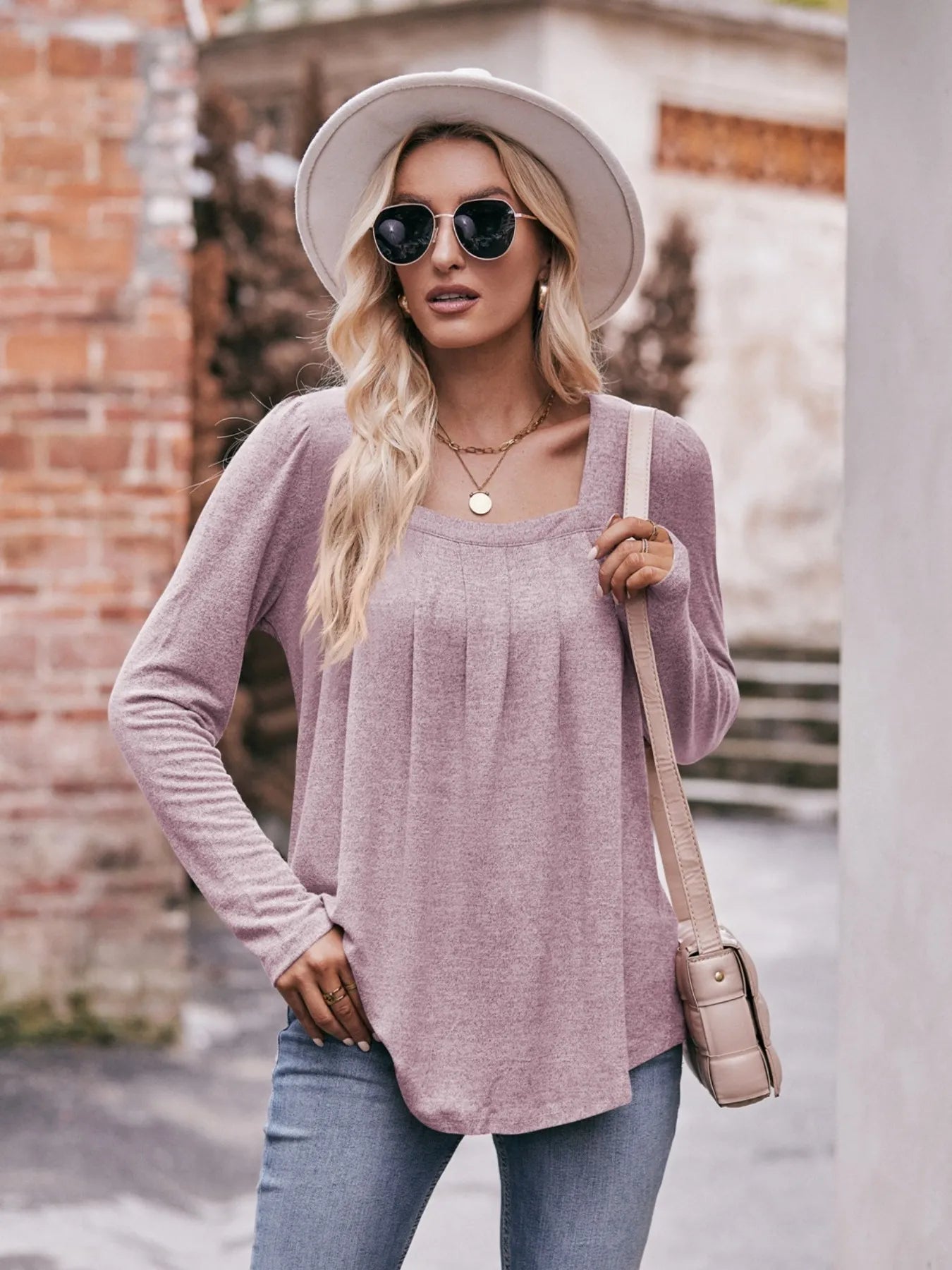Square-neck long sleeve T-shirt, dusty pink, front view with relaxed drape