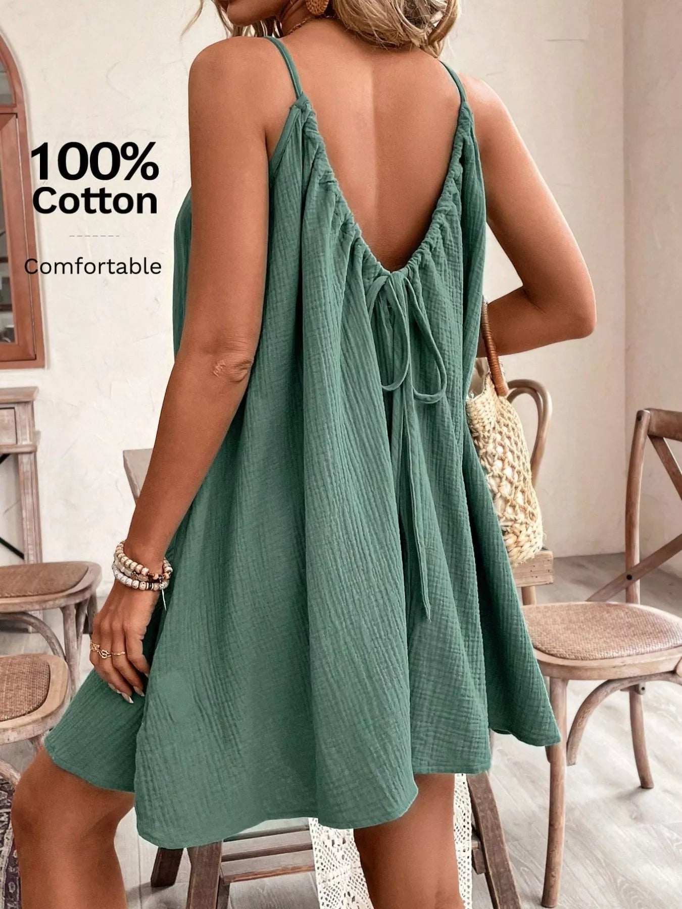 Cedar & Moore Casual backless teal loose spaghetti-strap mini dress, 100% cotton