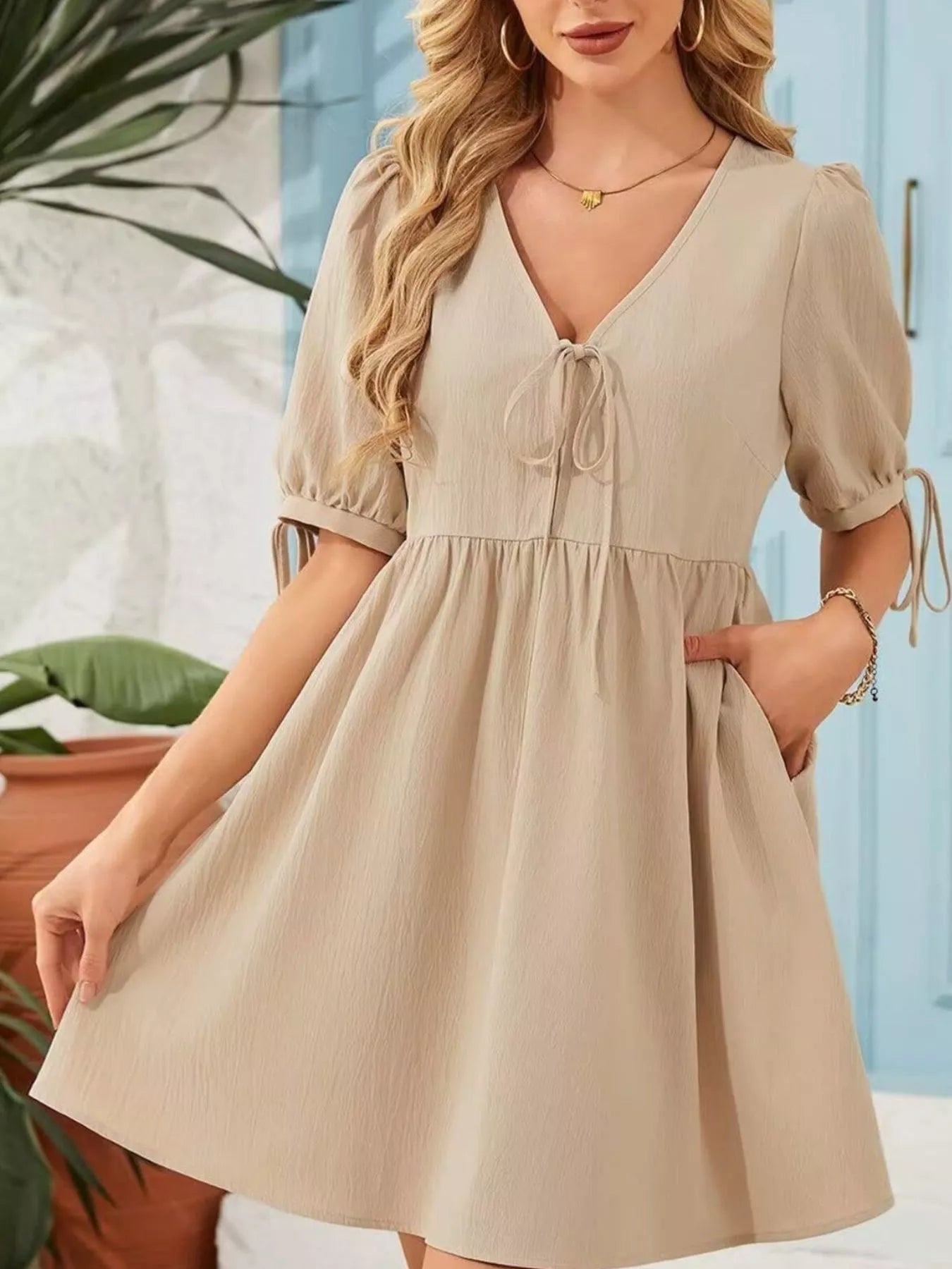 Tie-Neck Puff Sleeve A-Line Mini Dress in beige fabric