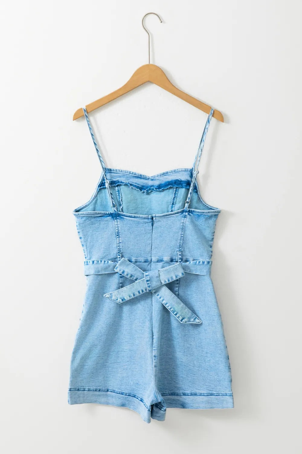 Cedar & Moore Tied Spaghetti Strap Denim Romper, light blue denim with waist belt, Trendsi