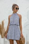 Floral tied sleeveless mini dress in light blue with ruffle neckline and gathered waist
