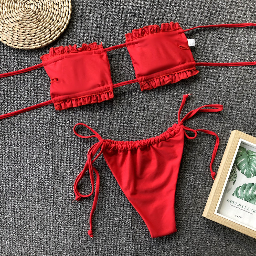 Ruched frill-trim bikini set in red: bandeau top and string bikini bottom