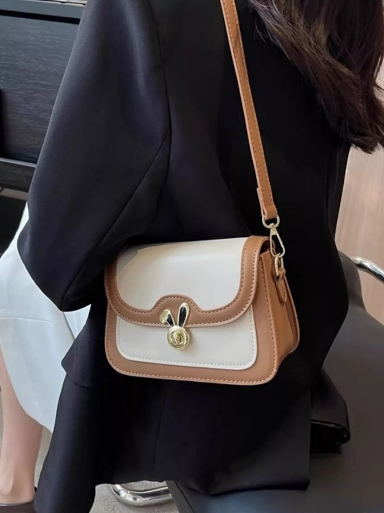 Rabbit decor color-block flap crossbody bag, mini beige and tan PU with gold-tone rabbit clasp