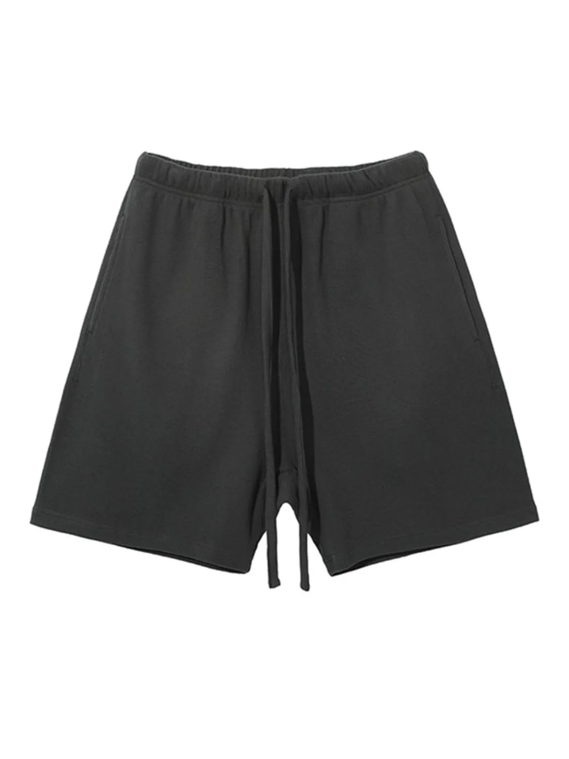 Men's drawstring waffle shorts, dark gray, elastic waist with tie detail, front view.