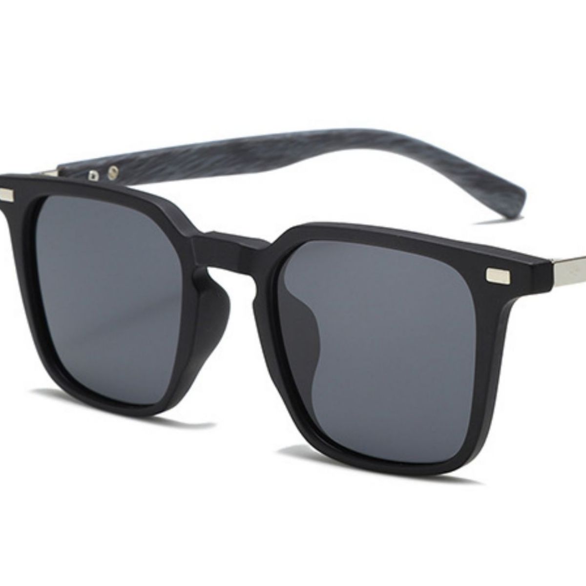 Cedar & Moore square-frame sunglasses, black plastic frames with gray lenses and gold temple accents