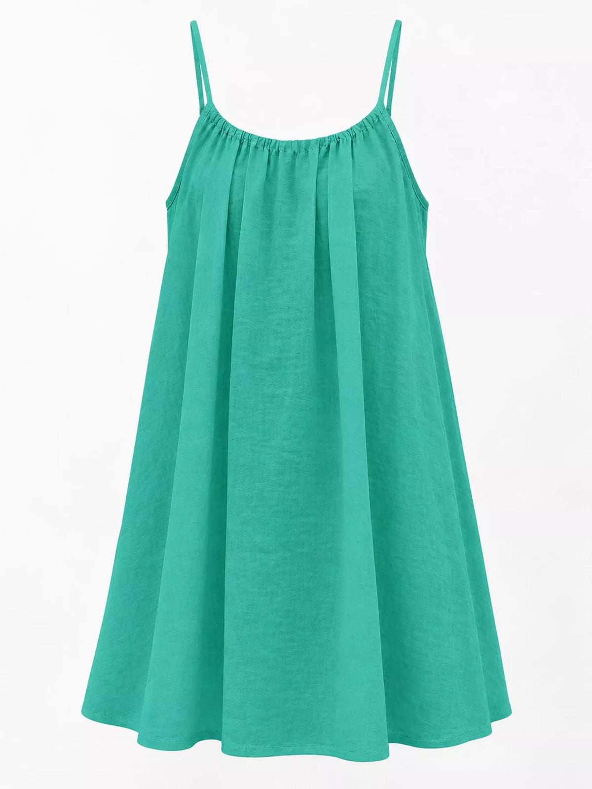 Emerald green spaghetti strap ruched mini dress, sleeveless flared silhouette