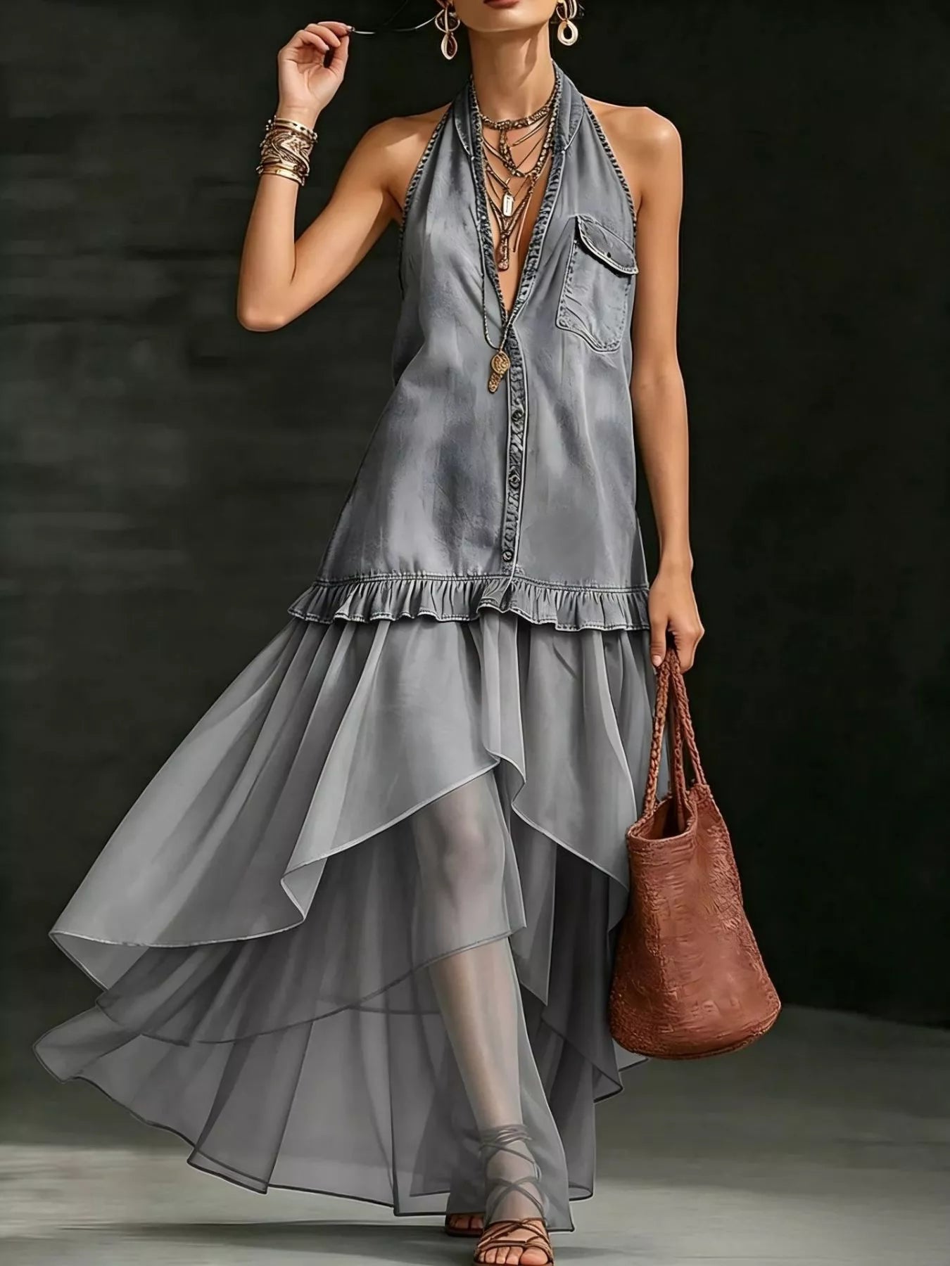 Light grey halter neck maxi dress with button-front panel and layered ruffle hem