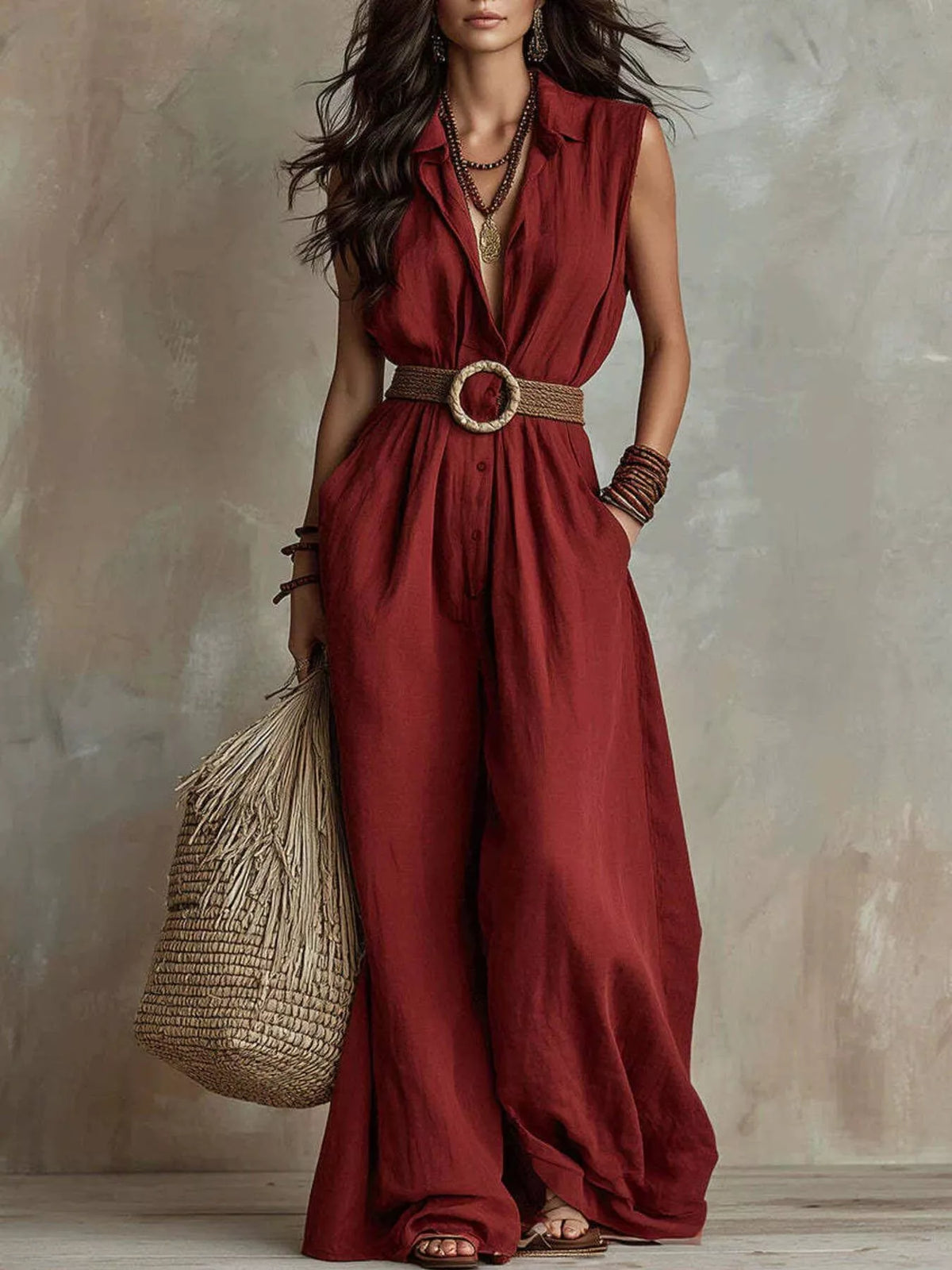 Red sleeveless wide-leg jumpsuit with V-neck and cinched waist belt with round buckle