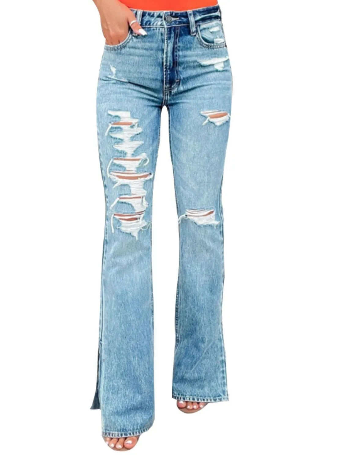 Light wash distressed bootcut jeans with ripped thighs, belt loops, and front pockets