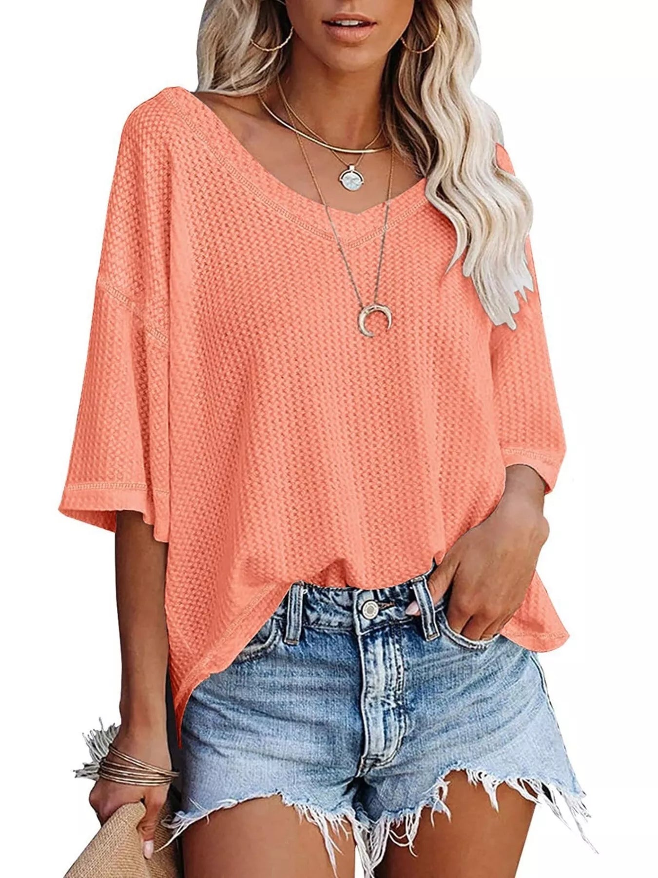 Waffle knit V-neck short-sleeve T-shirt in coral pink, loose fit