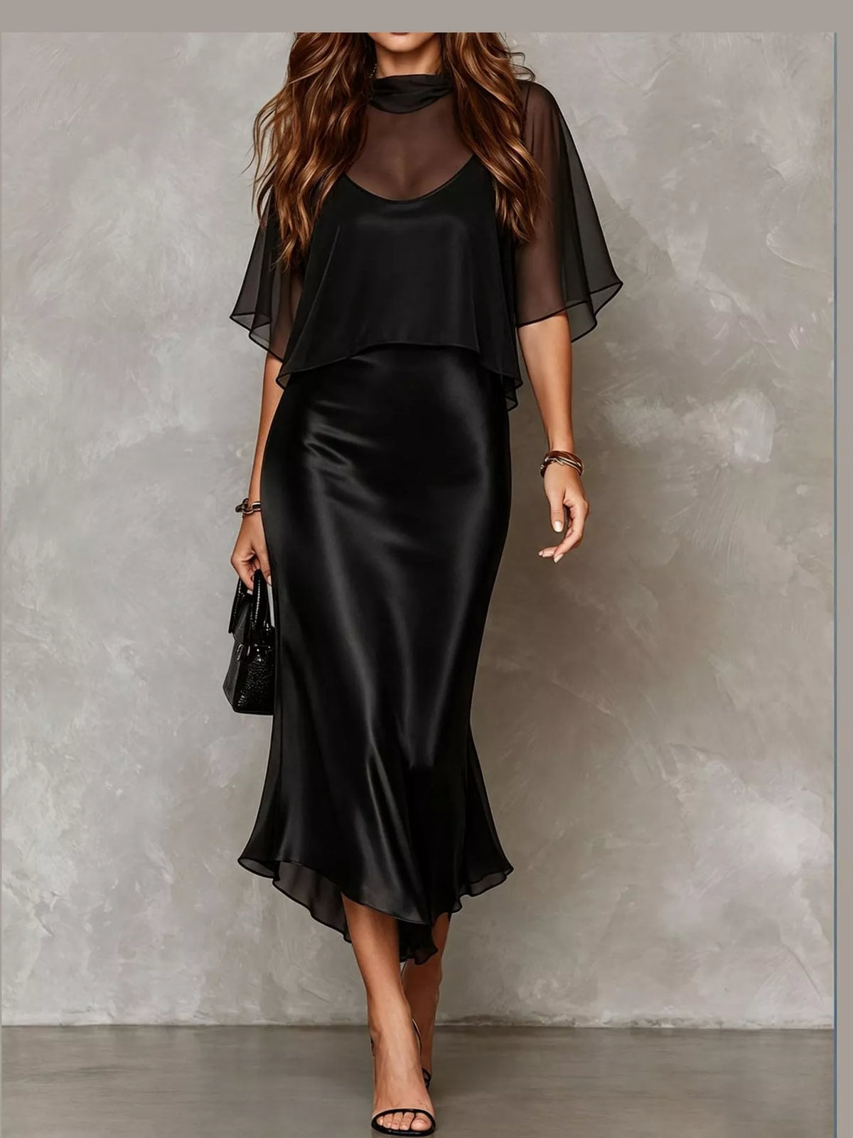Black satin cami midi dress with sheer cape sleeves and layered flounce hem
