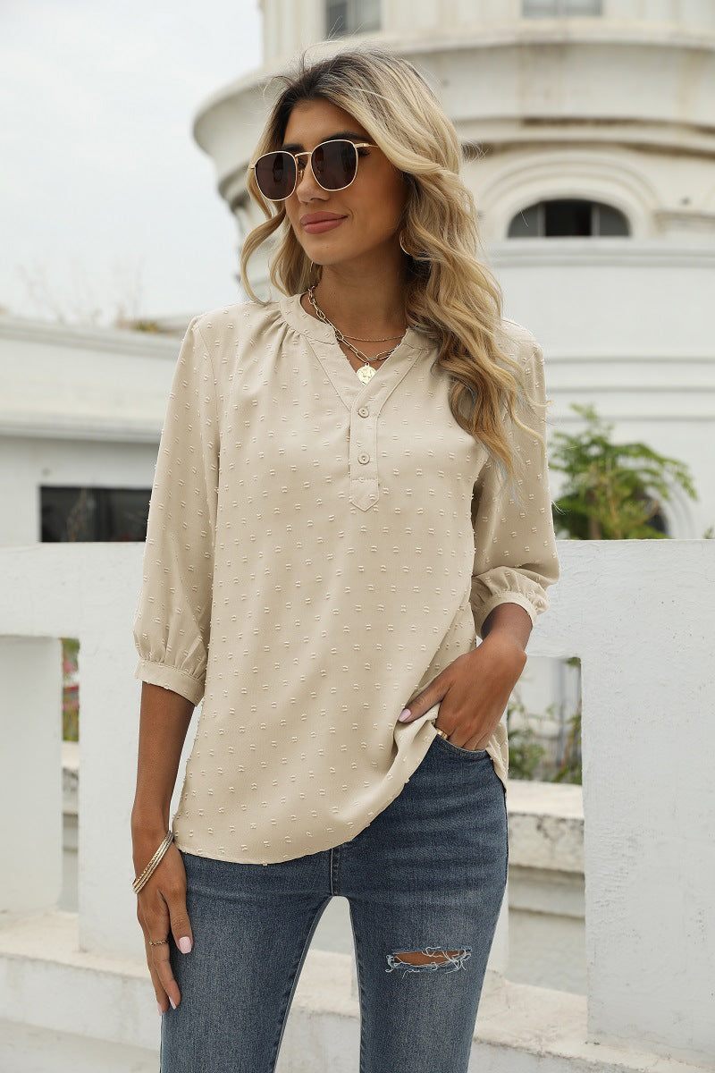 Cream swiss dot notched-neck 3/4-sleeve blouse with button placket