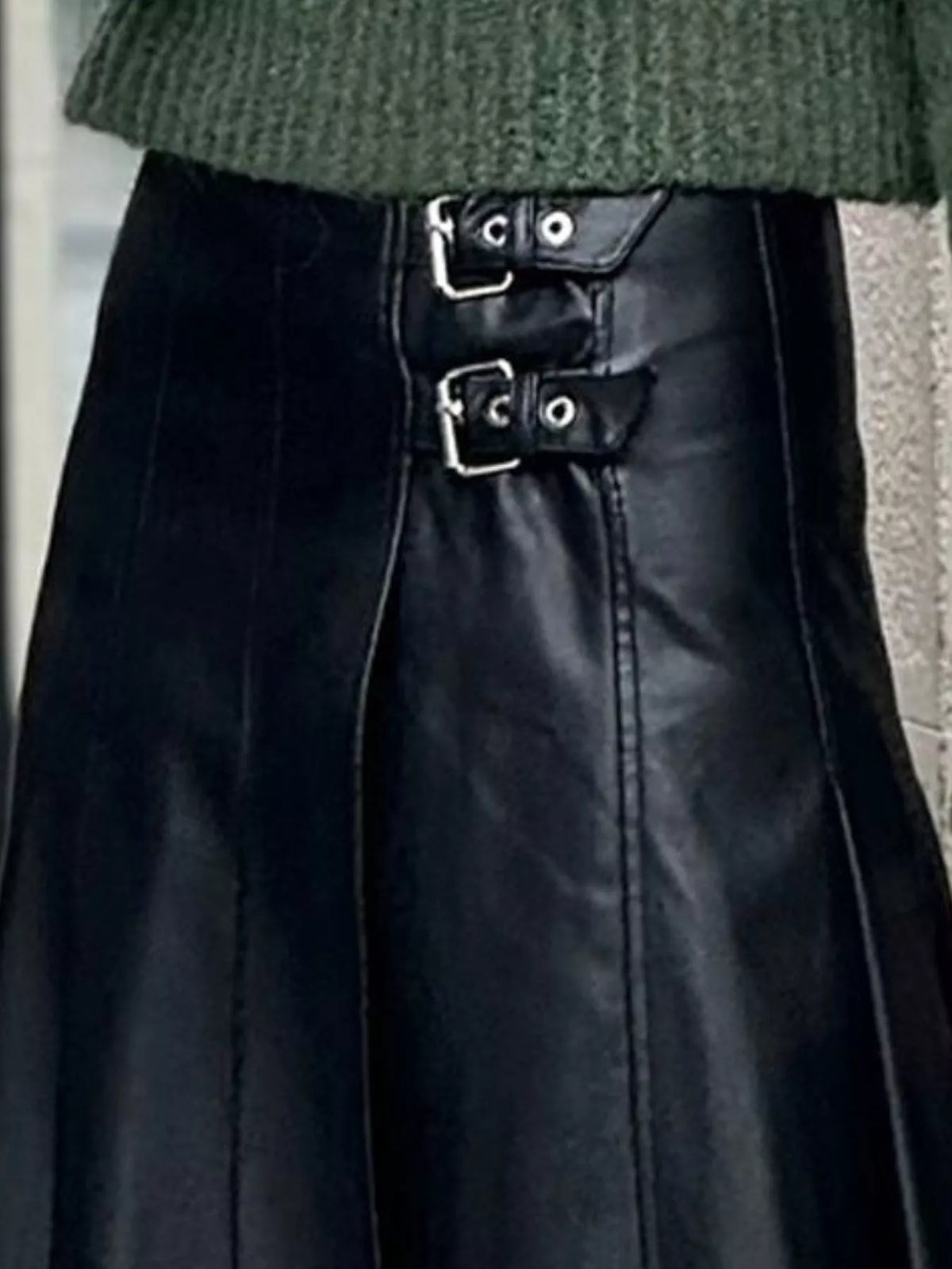 Black vegan leather midi skirt with double silver buckle straps
