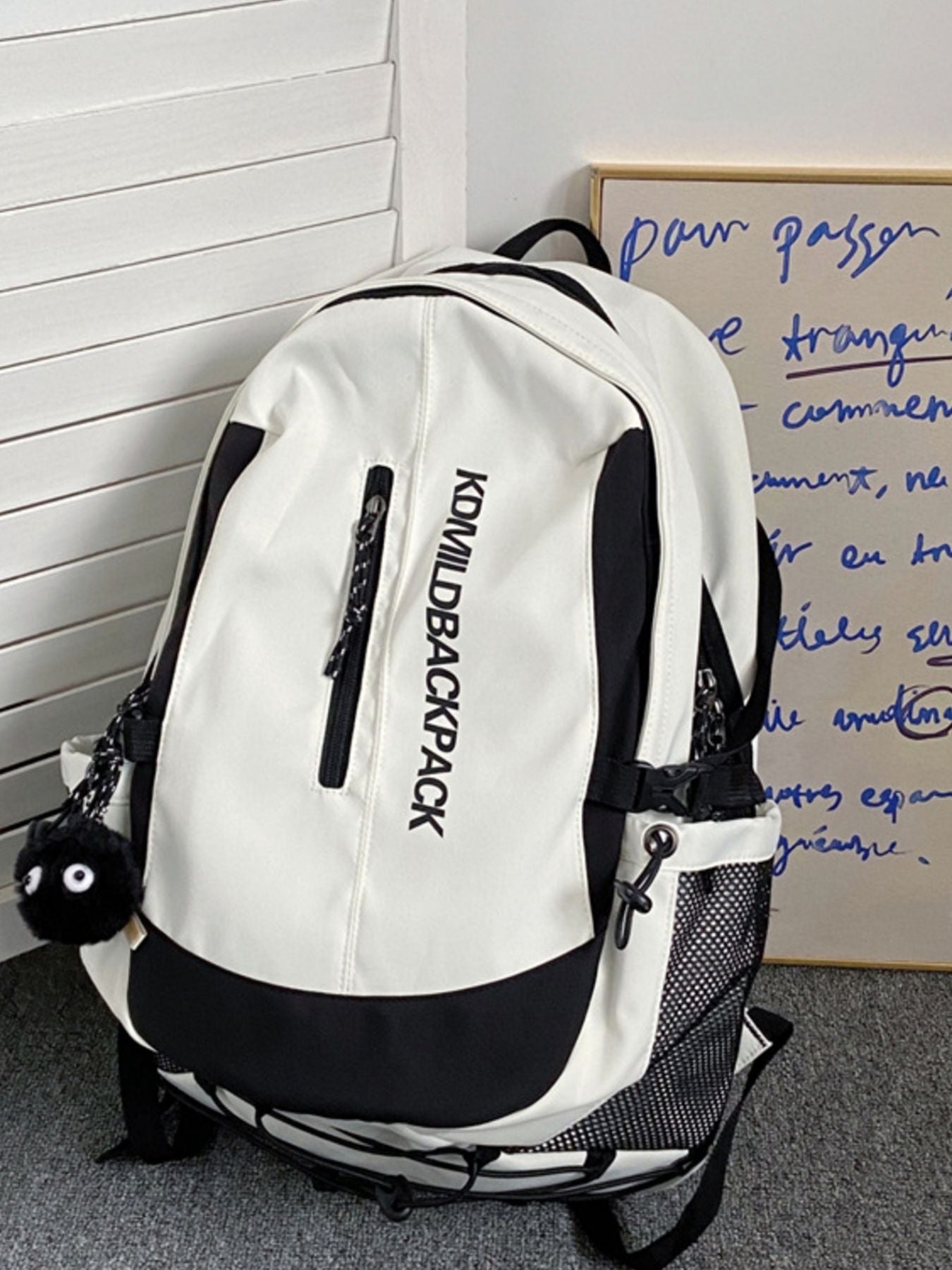 Cedar & Moore Letter Casual Backpack Bag, large nylon backpack in white with black trim and front zipper
