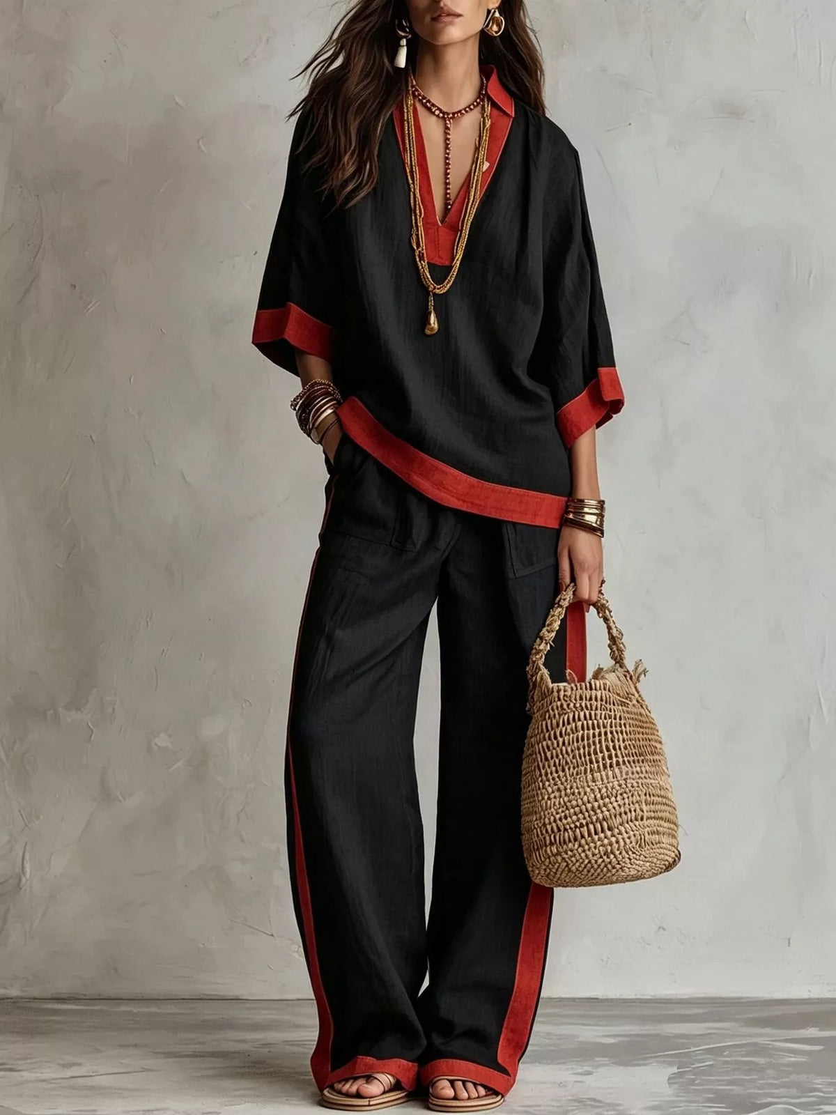 Black contrast trim top and wide-leg pants set with red border and 3/4 sleeves