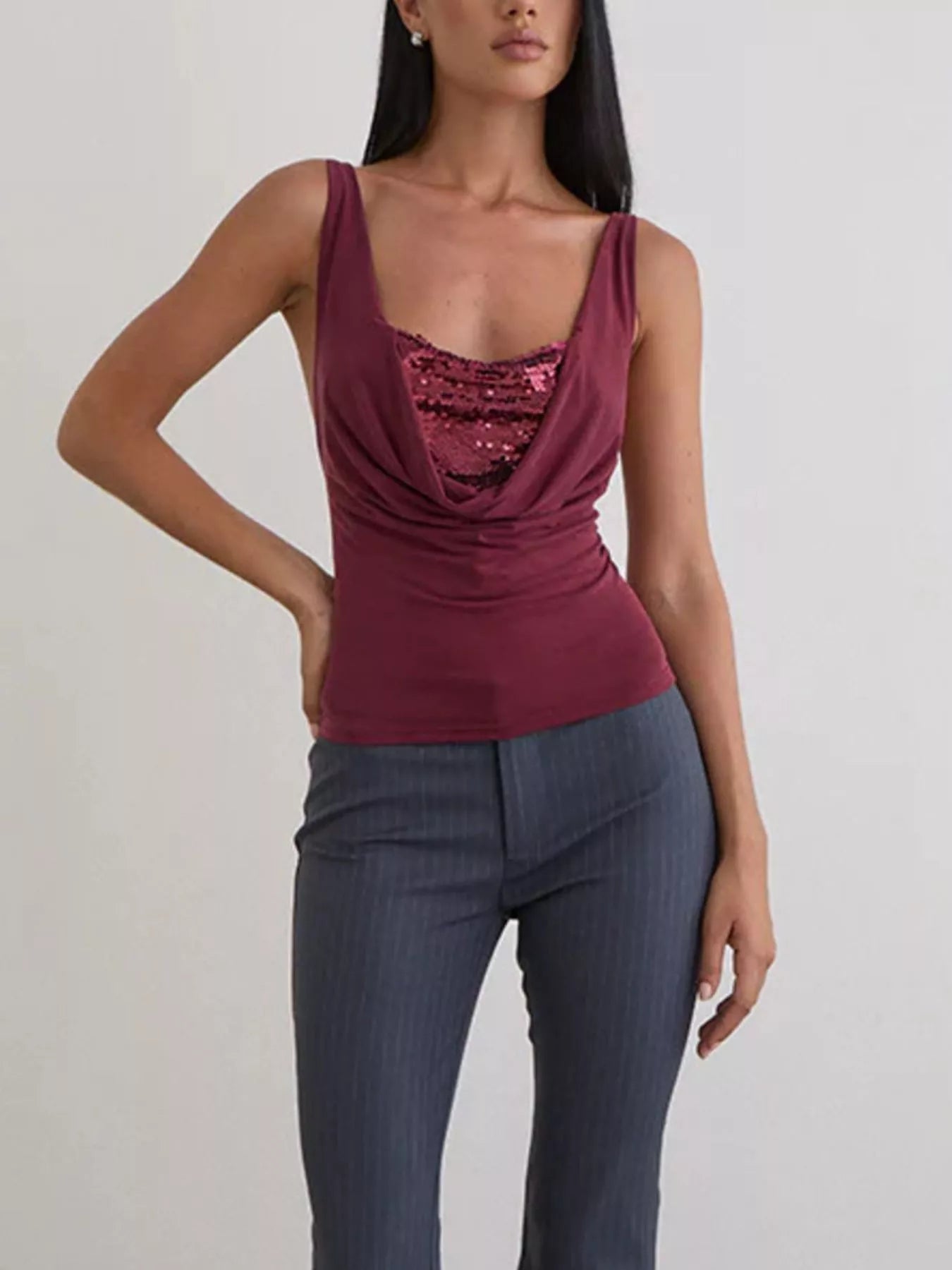 Cedar & Moore Sequin Detail Ruched Tank by Trendsi, burgundy sleeveless top with sequin front panel